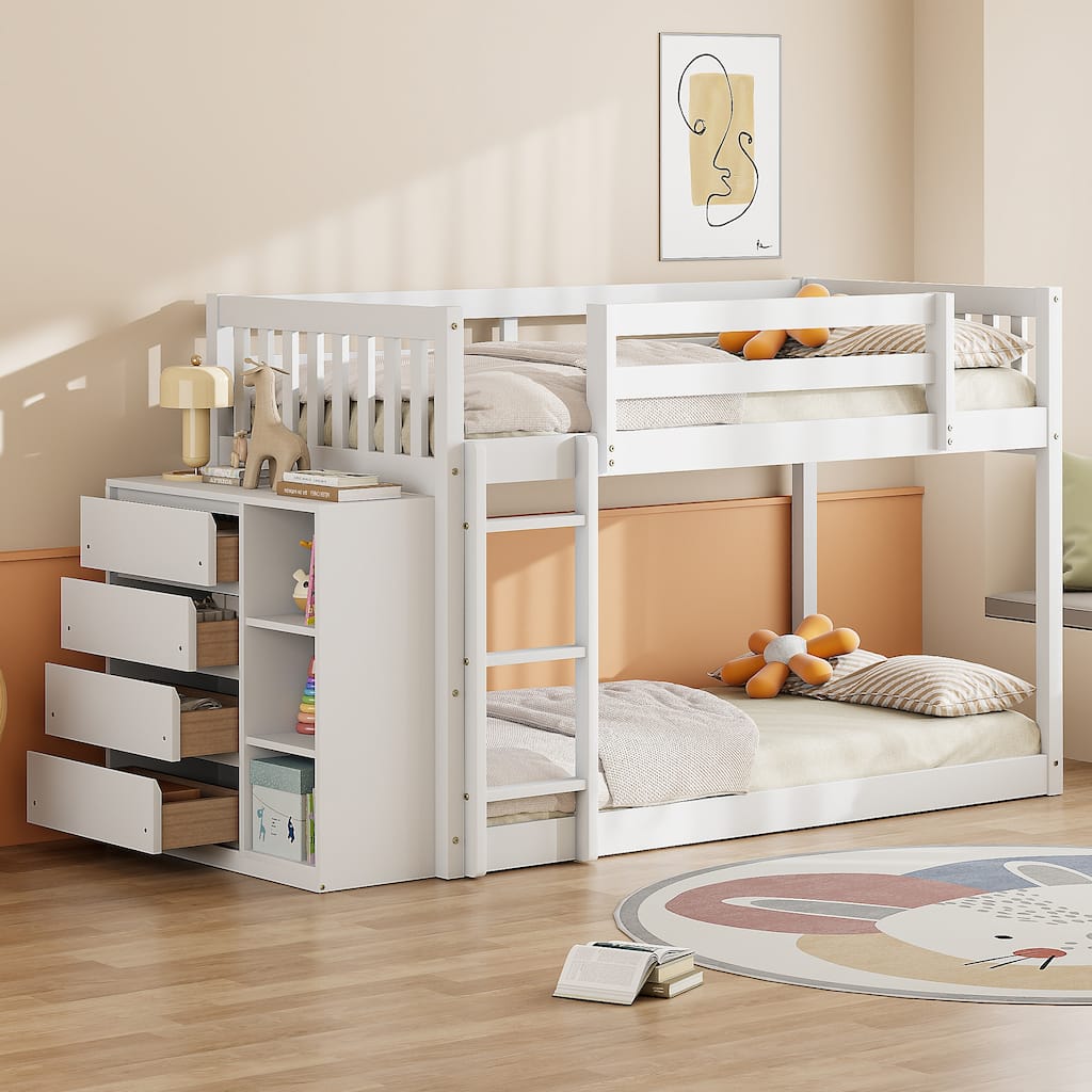 Twin Over Twin Bunk Bed with 4 Drawers and 3 Shelves, White