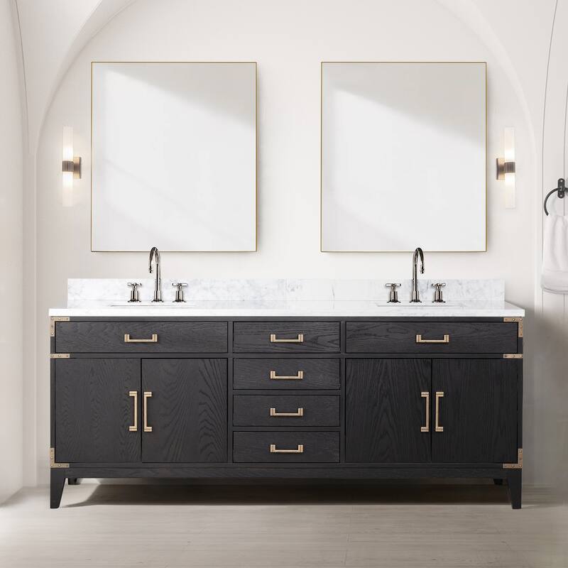 Lexora Laurel Bath Vanity, Carrara Marble Top, and Mirror - 80 Inch - Black Oak