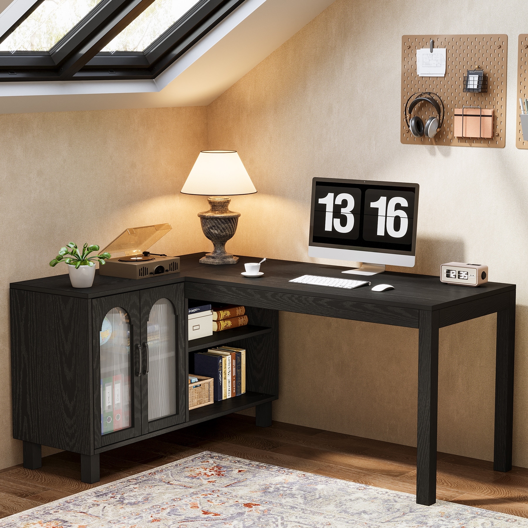 59-Inch L Shaped Desk with Storage Cabinet, Corner Executive Desk for Home Office