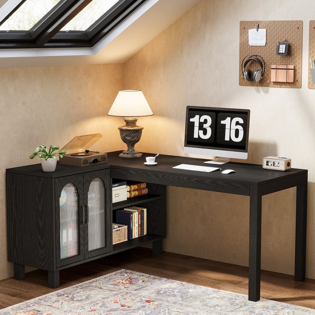 59-Inch L Shaped Desk with Storage Cabinet, Corner Executive Desk