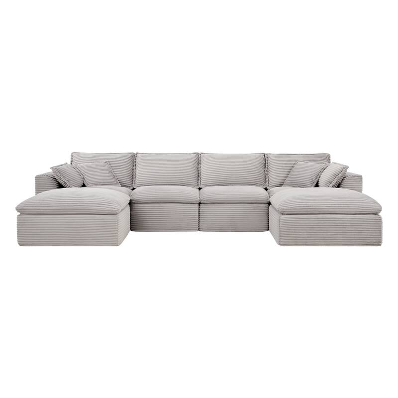 U Shaped Modular Sectional Sofa with Ottomans, Oversized Corduroy Upholstered Cloud Sofa, Fully Compressed 6 Seat Sofa