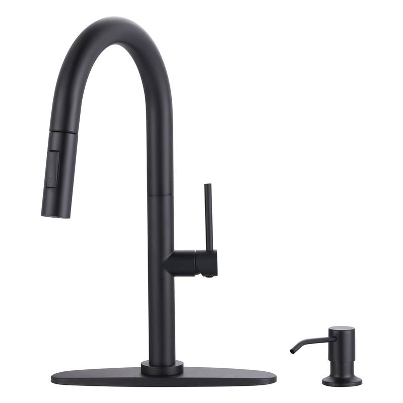 WOWOW Single Handle Pull Down Kitchen Faucet with Soap Dispenser - Matte Black