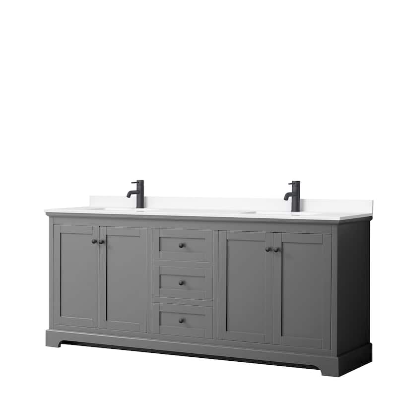Avery 80 Inch Double Vanity, Cultured Marble Top - Dark Gray, Black Trim, White Cultured Marble Top