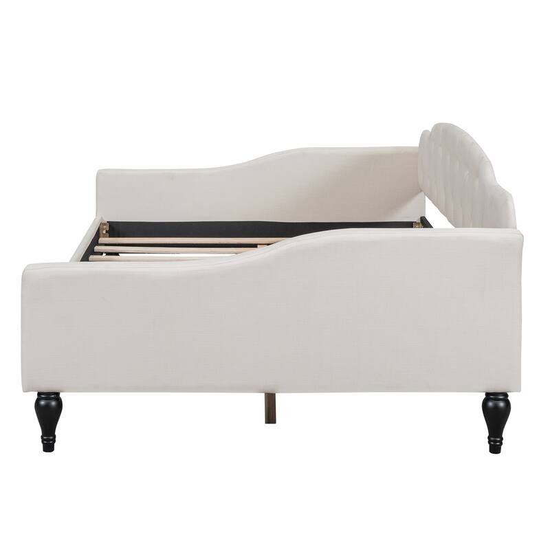 Full Size Upholstered Tufted Daybed in Beige with Linen Fabric