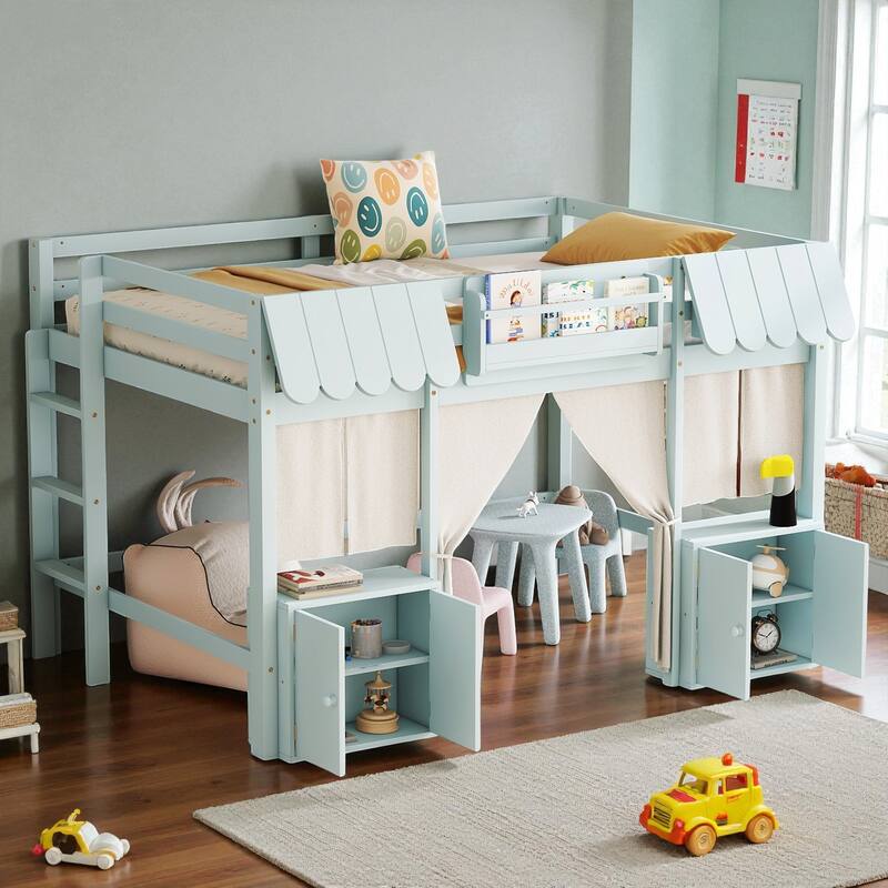 Twin/Full Loft Bed with Bookshelf, Curtain Playhouse, Storage Shelf, Cottage Roof Design and Safety Guardrails for Kids