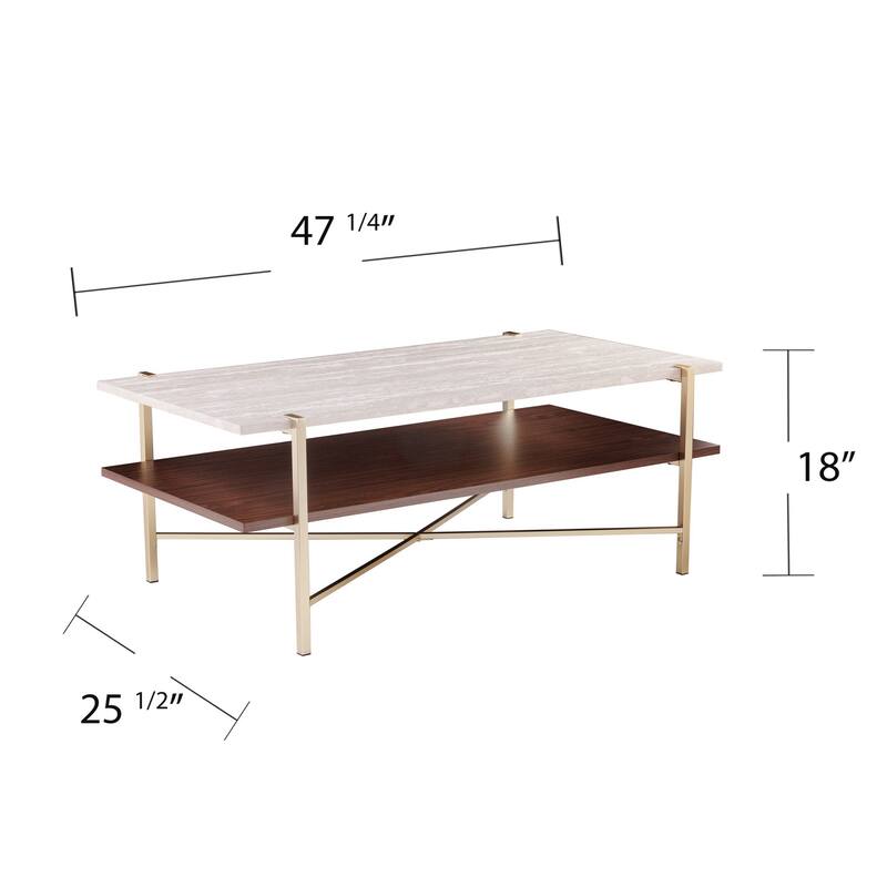 47" Modern Rectangular Coffee Table Brass Finish Metal with Faux Marble Top and Shelf - 47.25”L x 25.5”W x 18”H