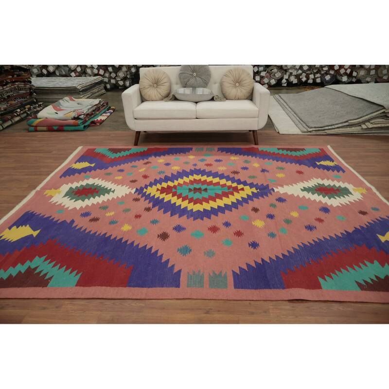 Hand Woven Oriental 100% Wool Carpet Southwestern Tribal Pink Kilim Area Rug - 9' 6'' X 8' 3''