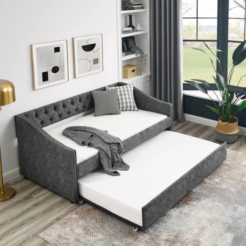 Upholstered Daybed Frame with Trundle & Tufted Backrest