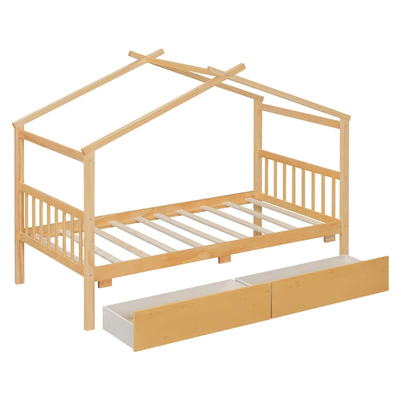 Twin Size Wooden House Bed with Drawers, 79.5"L x 41.5"W x 63.1"H, Natural