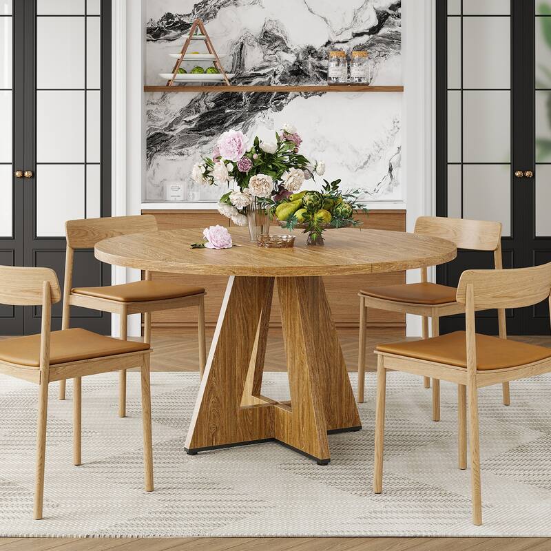 47" Round Dining Table for 4 People, Wood Kitchen Table with Sturdy Metal Base, Large Meeting Table Office Table