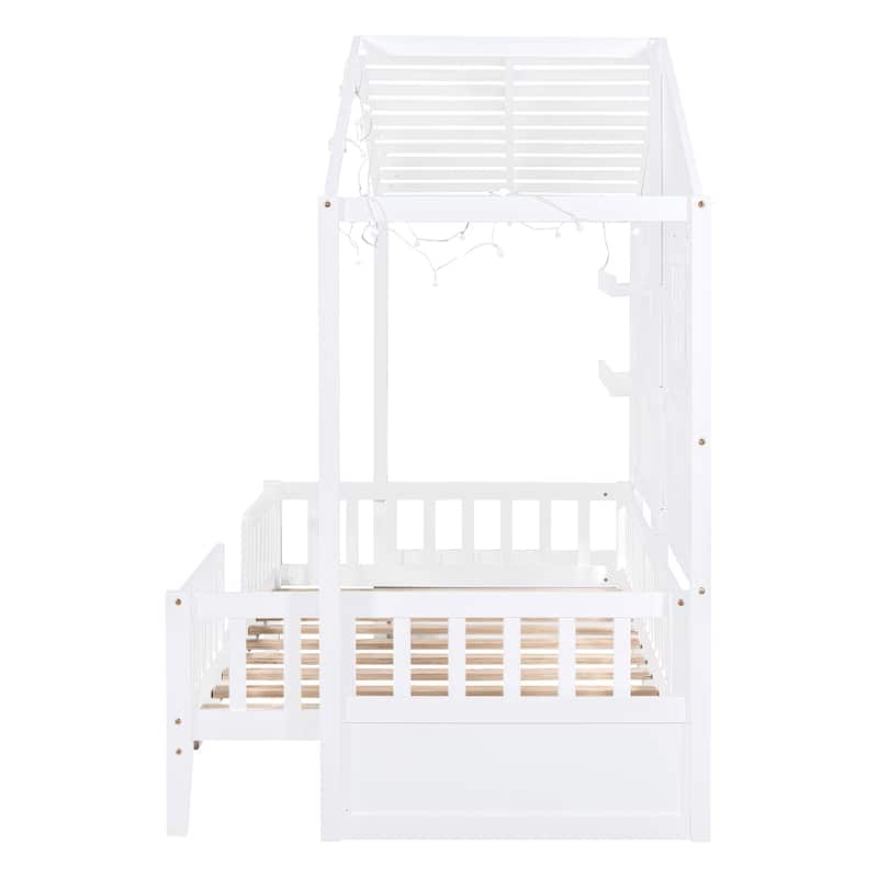 White Twin Size House Bed with Shelves, Window and Sparkling Light Strip on The Roof
