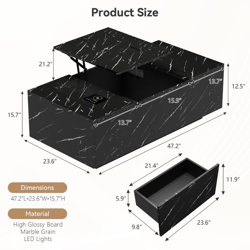 47.2" LED Lift Top Coffee Table with Wireless Charging & Bluetooth Speaker, Smart Storage Drawer, RGB Lights