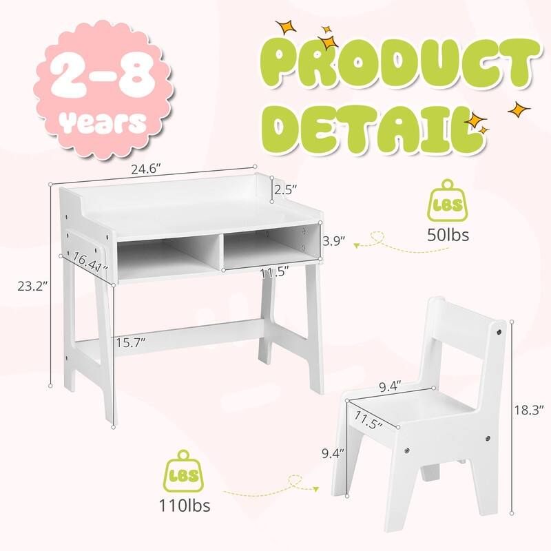 MDF Children's Study Desk And Chair Set With 2 Storage Compartments