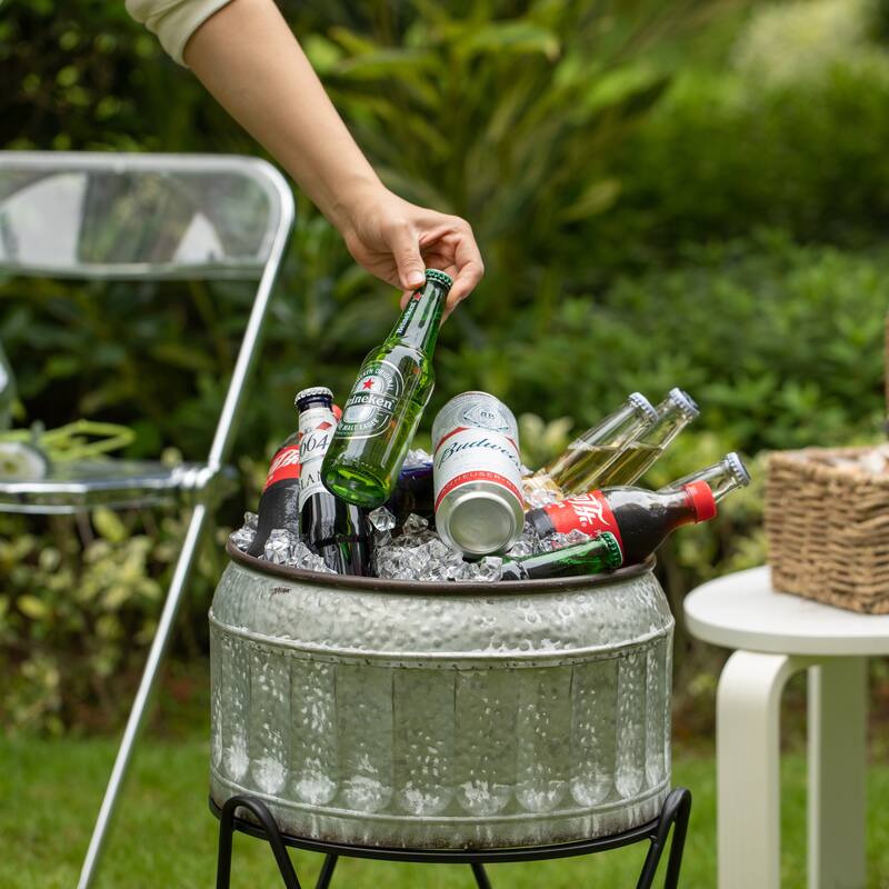 Silver Galvanized Metal Ice Bucket Beverage Cooler Tub with Stand