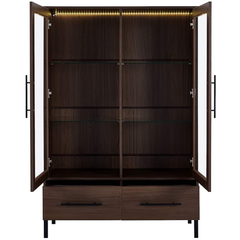 60"Hx39.5"W Lighted Display Cabinet with Glass Doors & LED Lighting Bookshelf Buffet
