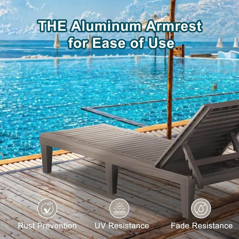 Adjustable 5-Position Reclining Sun Lounge Chair with Wood Texture Design - UV-Protected, Weatherproof Polypropylene Resin