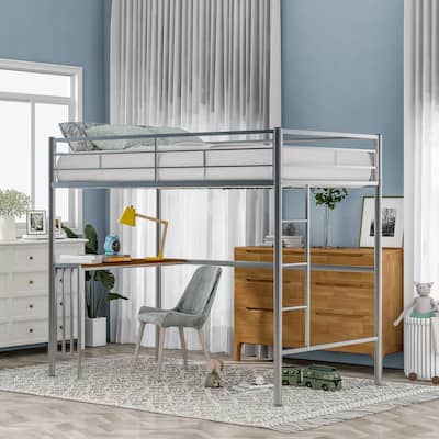 Twin Metal Loft Bed with Desk, Ladder and Guardrails, Loft Bed for Bedroom, Silver