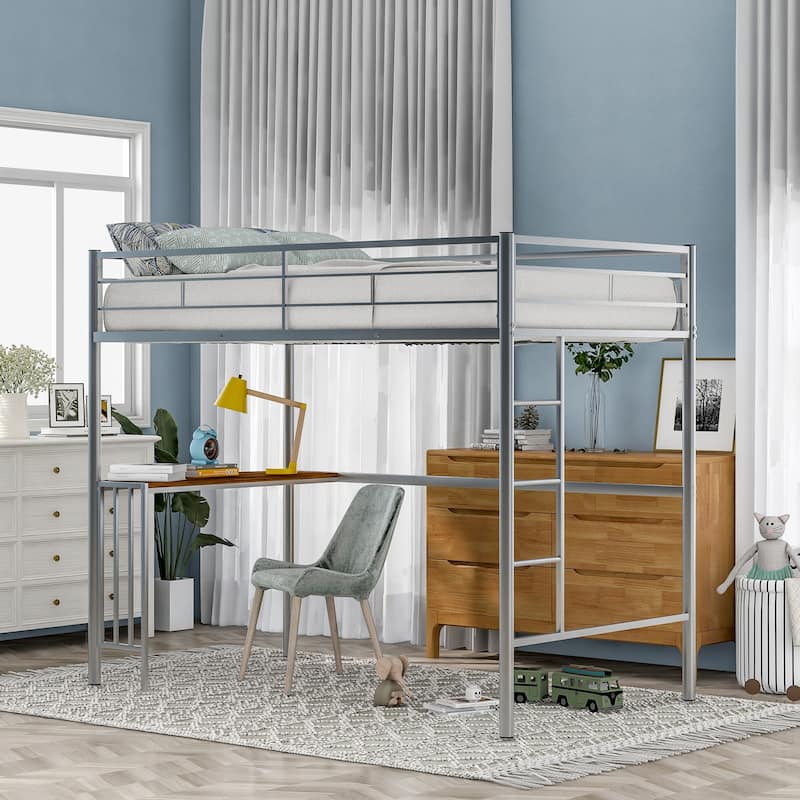 Twin Metal Loft Bed with Desk, Ladder and Guardrails, Loft Bed for Bedroom