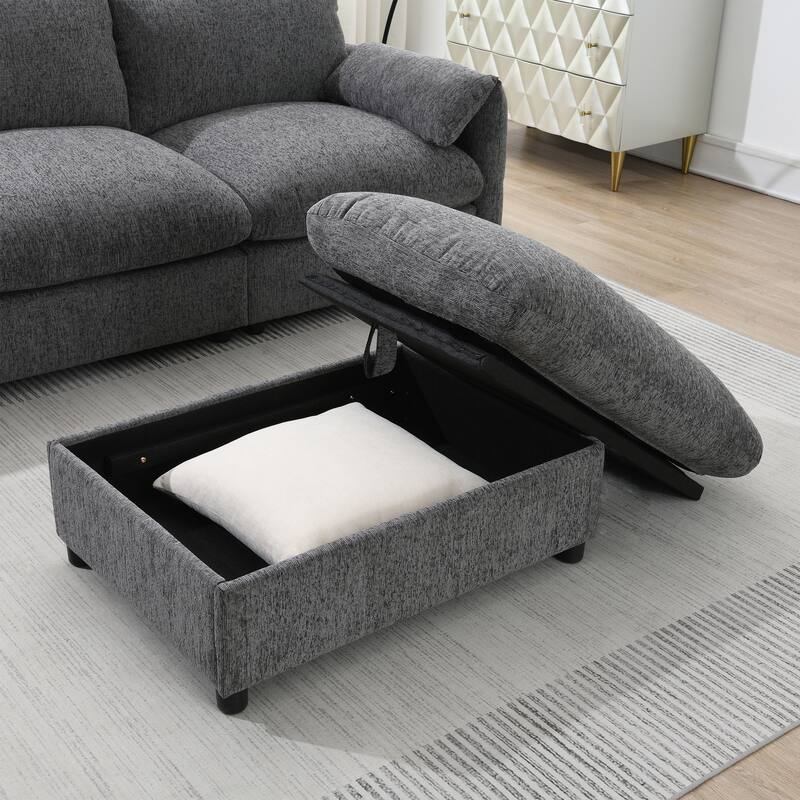 L-Shaped Sectional Chenille Sofa with Storage Ottoman, Phone Holder, USB Charger, Elephant Ear-Shaped Armrests and Pockets