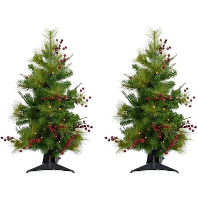 Christmas Time Set of Two 3-Ft. Red Berry Mixed Pine Artificial Trees with Battery-Operated LED String Lights