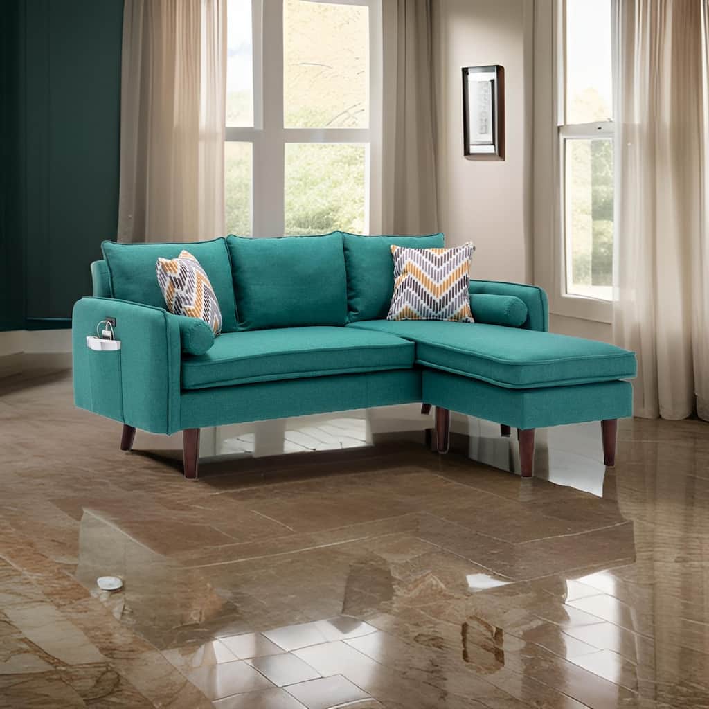 Ranon 70 Inch Sectional Chaise Sofa, Pillows, USB Ports, Side Pockets, Teal