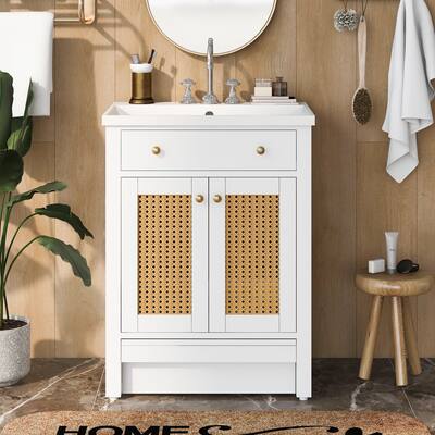 24" Bathroom Vanity, Woven Wicker Cabinet with Sink and Pull-Out Footrest