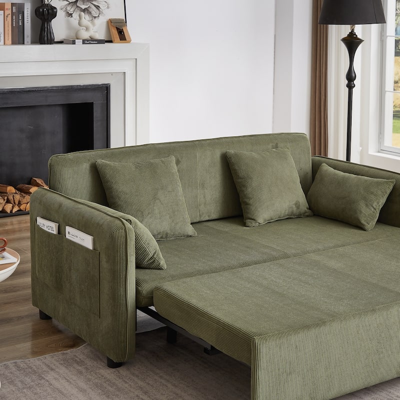 66 Inch Sleeper Sofa Bed with Pullout Bed 4 Pillows and Side Pockets Soft Corduroy Convertible Sleeper Sofa Bed