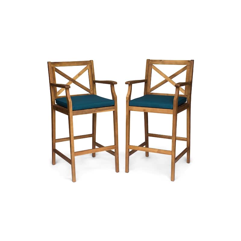 Roomfitters 2-Piece Outdoor Acacia Wood Bar Stools with Armrests and Cushions, X-Back Patio High Dining Chairs