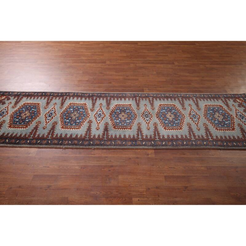 Geometric Viss Indian Runner Rug Hand-Knotted Wool Carpet - 2'6"x 9'7"