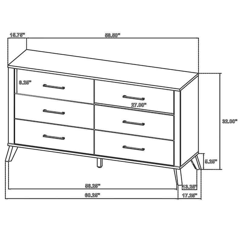 Wemy Wide Dresser w 6 Drawers, Metal Legs, Weathered Brown Pine Wood