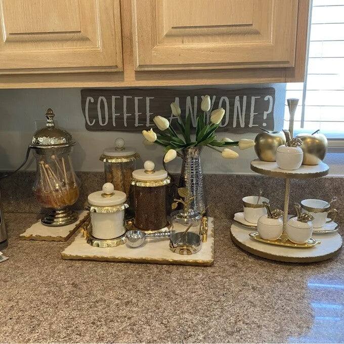 Set of 3 Glass Canisters with Marble and Gold Lid