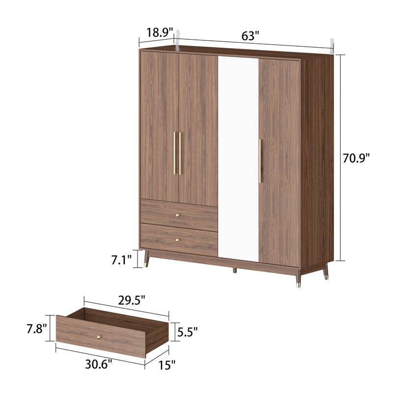 Wooden 2 Drawers 4 Doors Wardrobe Armoire With Mirror (Gray/Black)