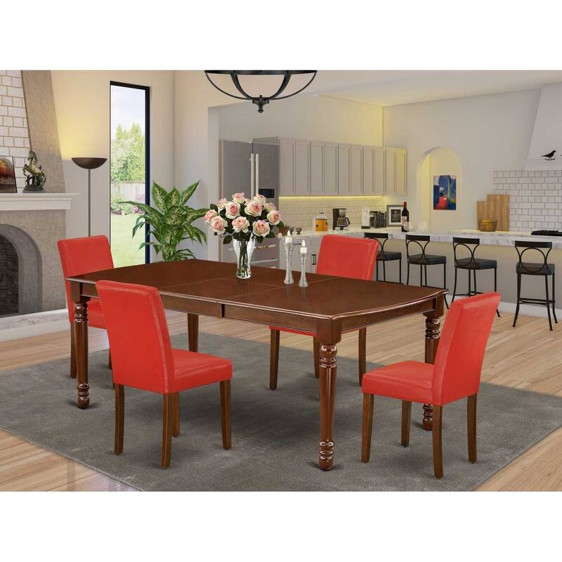 Rectangular Dining Set 5Pc Table W/ Leaf & 4 Parsons Chairs - Firebrick Red Finish