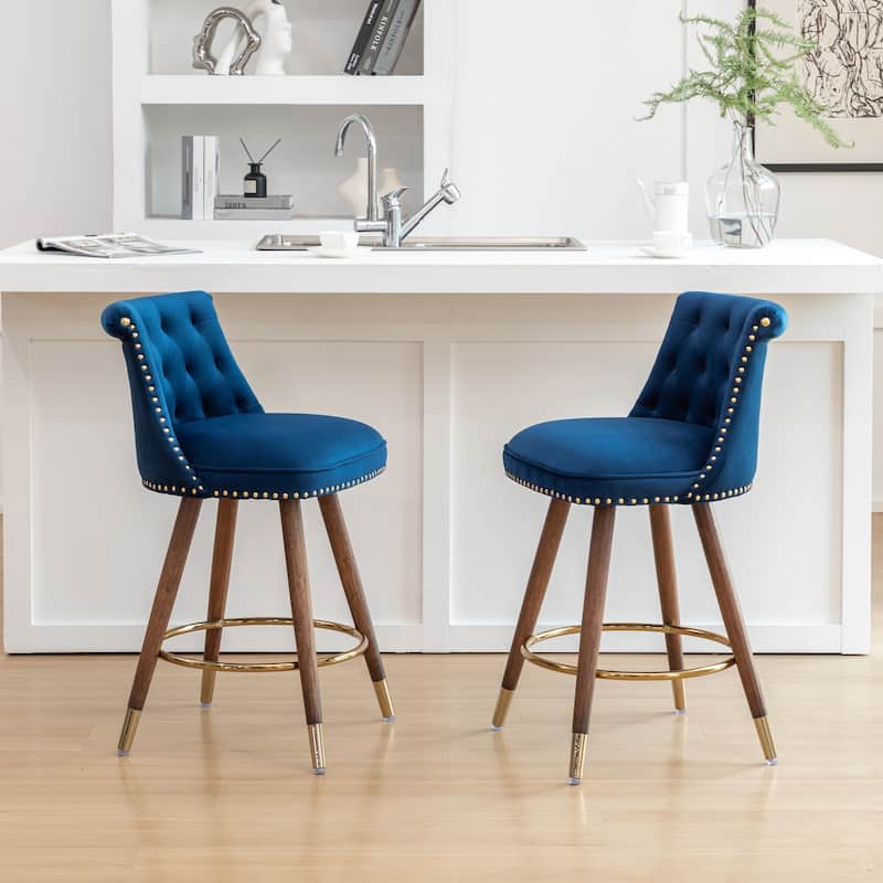 Set of 2 Button-Tufted Counter Stools with Nailhead Trim