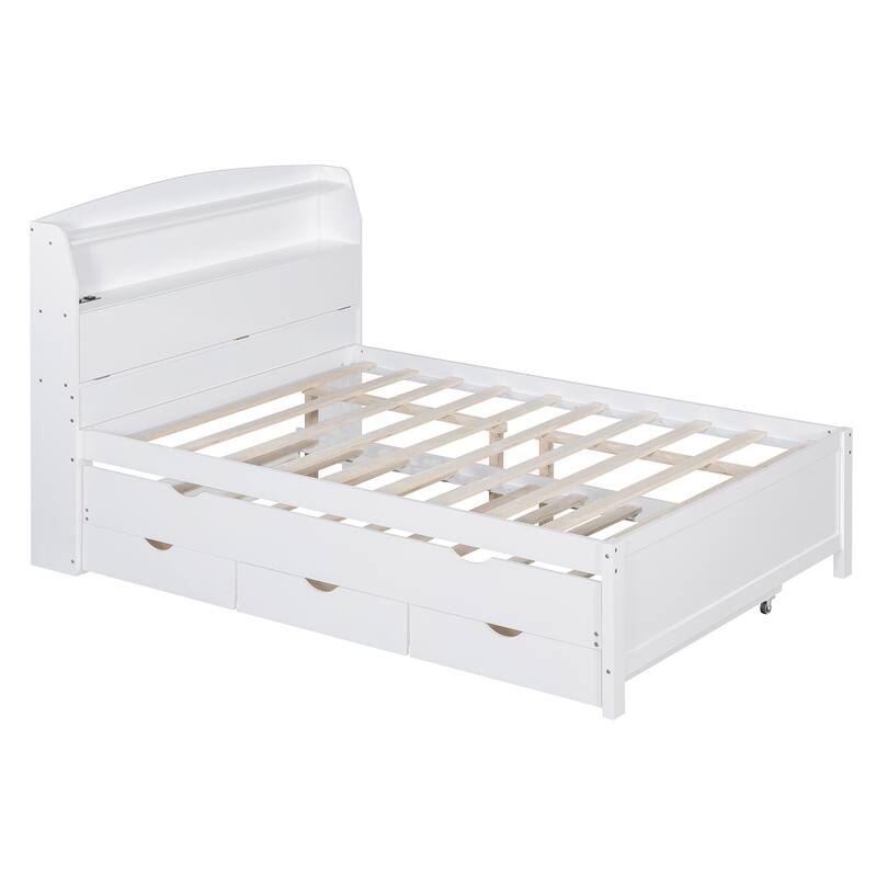 Full Platform Bed with Pull-Out Trundle, LED Headboard Lighting, USB Charging Ports, Flip-Up Storage, and Under-Bed Drawers