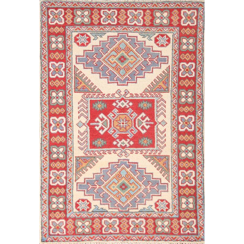 Ivory & Red Geometric Kazak Oriental Accent Rug Handmade Wool Carpet - 2'7" x 4'1"