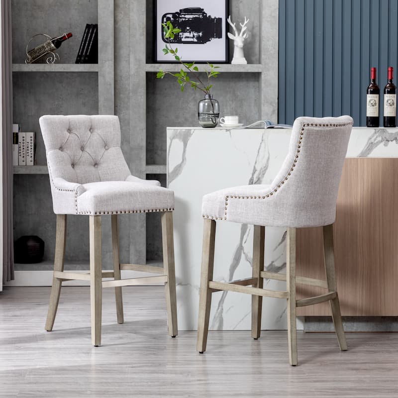 Carter 29" Linen Fabric Tufted Upholstered Bar Stool (Set of 2) - N/A - Light Gray