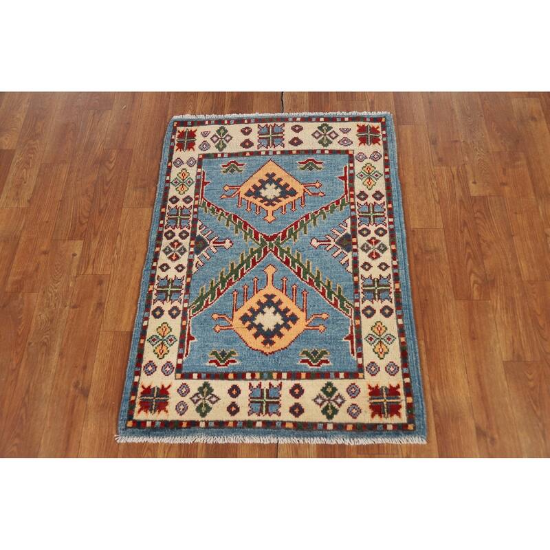 Blue Kazak Oriental Foyer Rug Handmade Geometric Wool Carpet - 2'0" x 3'0"