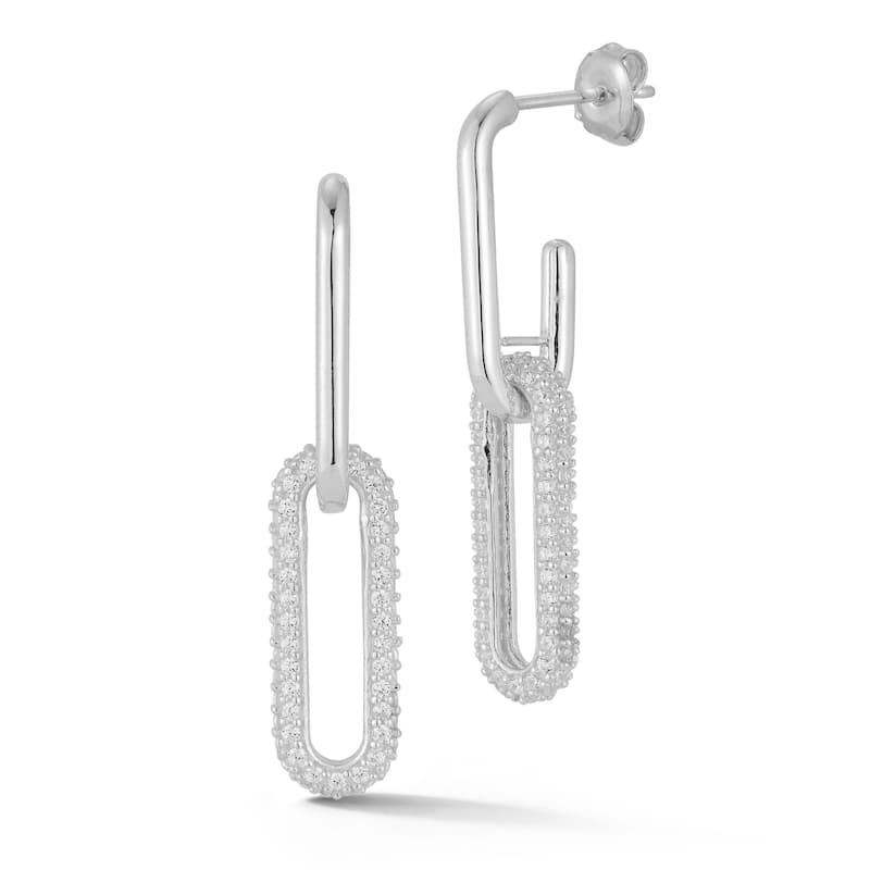 Soleil Sterling Silver Pave Elongated Link Drop Earrings - White
