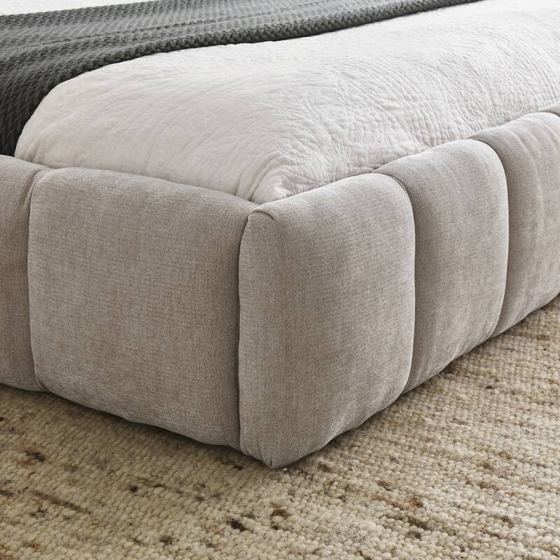 Chenille Fabric Grounded Queen Size Platform Bed with Headboard and Solid Frame