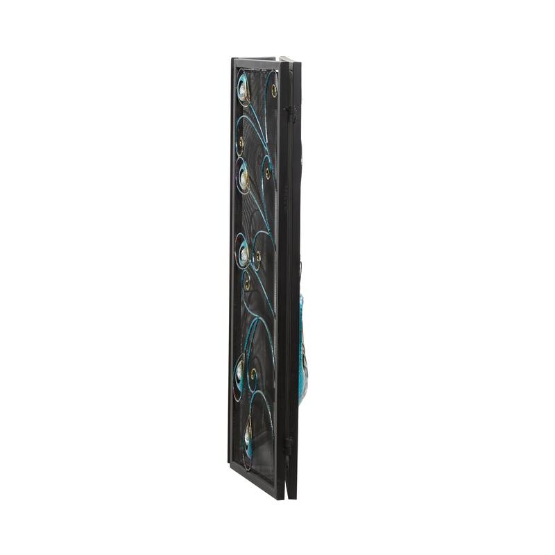 Metal Peacock Rainbow 3 Panel Fireplace Screen with Crystal Accents and Black Frame - Blue - Roche River Decor - 1"Wx48"Lx32"H