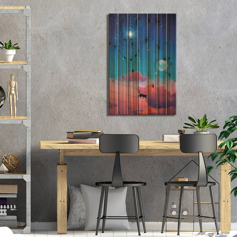 Cat Silhouette In The Sky And Moon Print On Wood by GEN Z - Multi-Color