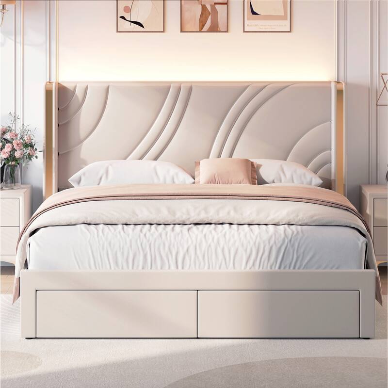 King Upholstered LED Storage Bed - Velvet - Beige