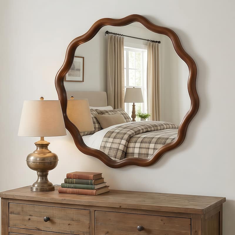 24 inch Wavy Round Solid Wood Frame Decorative Mirror