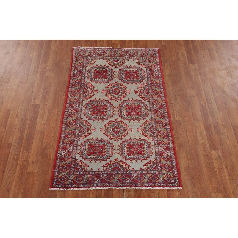 Geometric Multi-Color Kazak Foyer Rug Hand-Knotted Wool Carpet - 3'3" x 5'1"