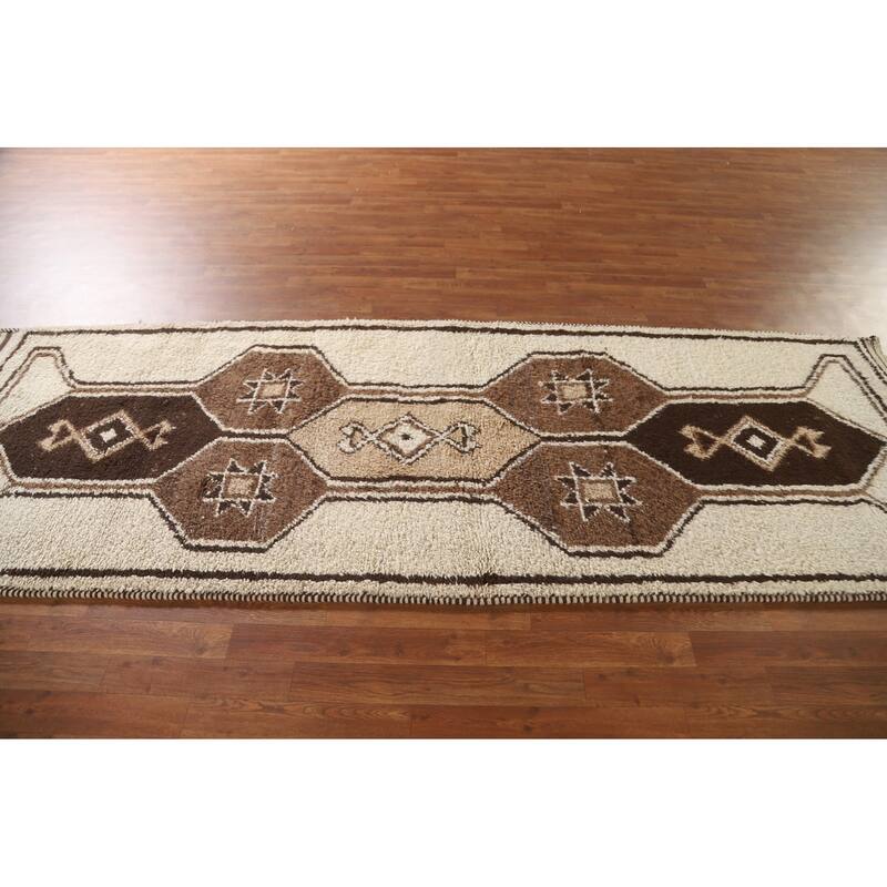 Anatolian Beige Tribal Turkish Runner Rug Handmade Wool Carpet - 3'7"x 10'4"