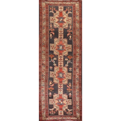 Navy Blue Ardebil Persian Vintage Runner Rug Hand-knotted Wool Carpet - 3'9"x 10'8"