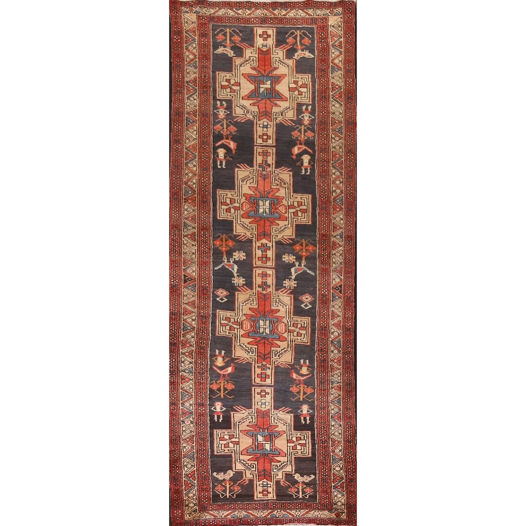 Navy Blue Ardebil Persian Vintage Runner Rug Hand-knotted Wool Carpet - 3'9"x 10'8"