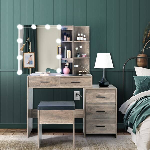 5 Drawers Dressing Table Set Grey with Mirror Cabinet and 3 Shelves - Bed  Bath & Beyond - 40521429
