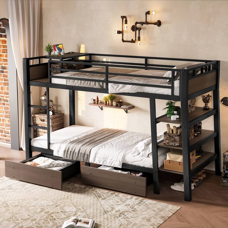 Metal Bunk Bed with Open Storage Shelves, Underbed Drawers and Built-in Desk with Charging Station for Guest Rooms or Dorms